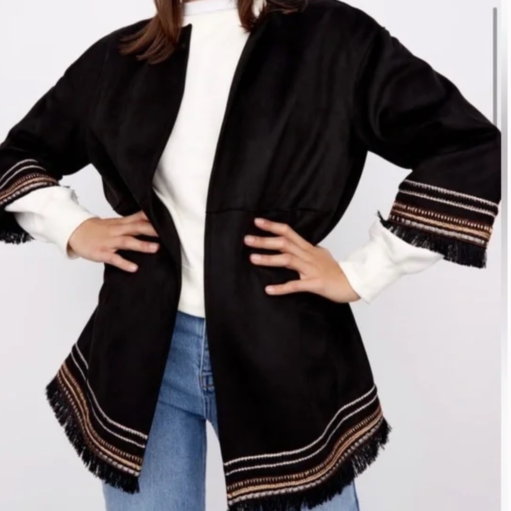 ZARA NWT Faux Suede Fringe Embroidered Open Front Jacket Boho Western XXL - Picture 3 of 13